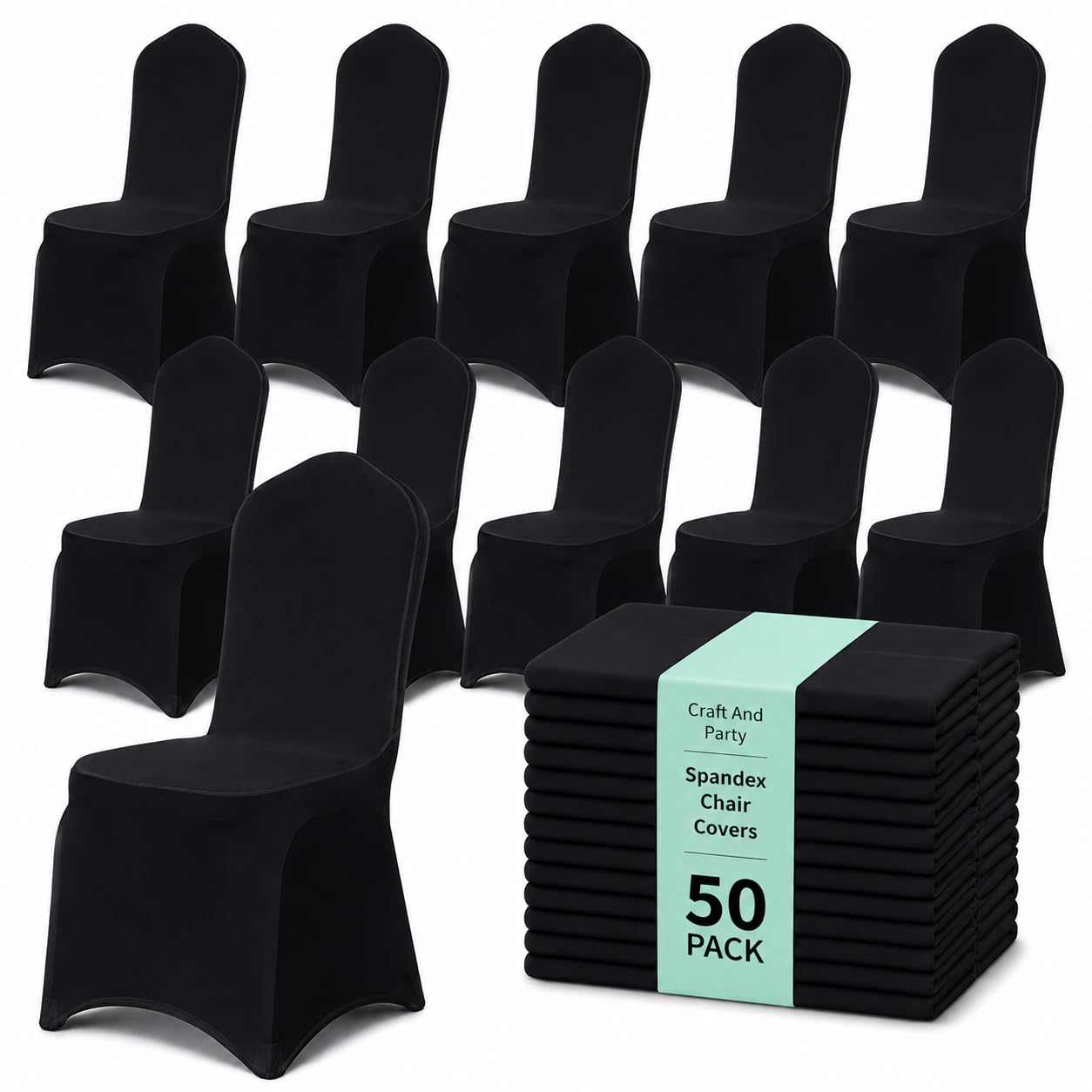 50 Pack Black Spandex Chair Covers – Stretch Polyester Slipcovers for Wedding, Banquet, Party &amp; Dining Chairs – Flat Front Design, Universal Fit