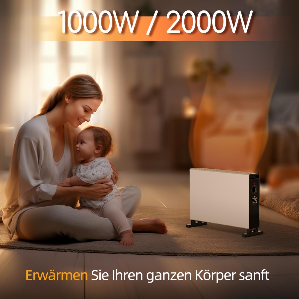 Konvektor Heizung Konvektionsheizungen Elektrische Heizung, Heizkörper, 1000W/2000W Zimmerheizung mit einstellbarer für Schlafzimmer Küche Büro, Energieeffizienz Silent Heater