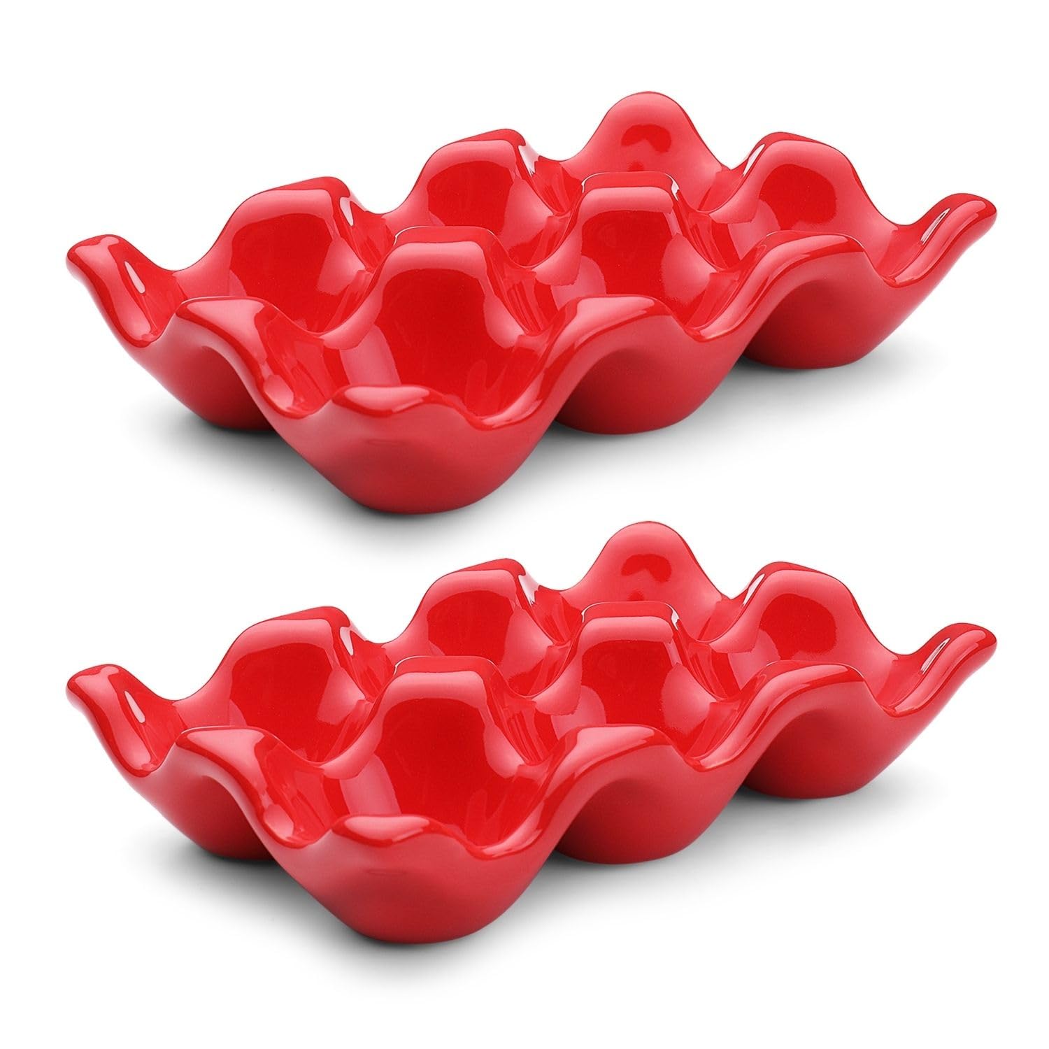 Flexzion Keramik-Eierhalter für 6 Eier – Porzellan-Eierablage für ein ganzes Dutzend, Aufbewahrungs-Organizer, dekorativer Servierständer für Kühlschrank/Arbeitsplatte, 2er-Pack (Rot)