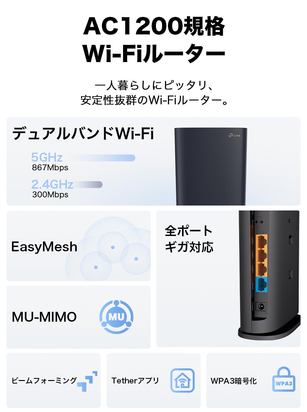 TP-Link WiFi ルーター 無線LAN AC1200規格 867+300…