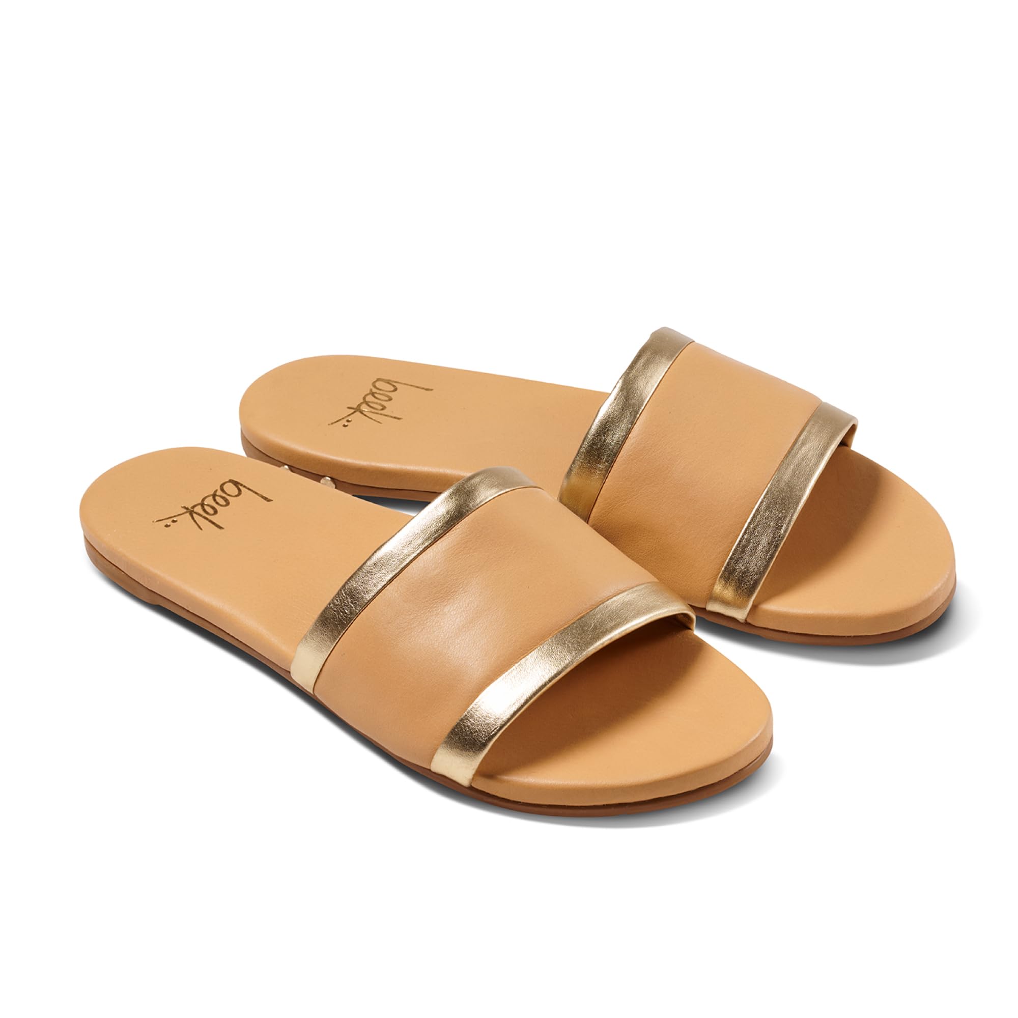 BEEK Shorebird Leather Slide Sandal for Women, Beach/Gold, Slip-On Design, Features Super Soft Leather Upper & Sole with Molded Arch Support