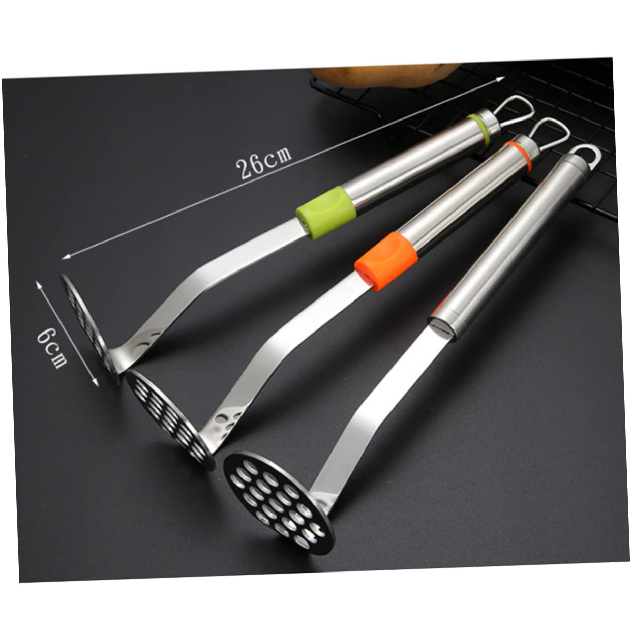 Cabilock 2Pcs Manual Stainless Steel Potato Press Masher Kitchen Gadget for Easy Mashing of Potatoes Vegetables Orange Silver Colors for Home Cooking