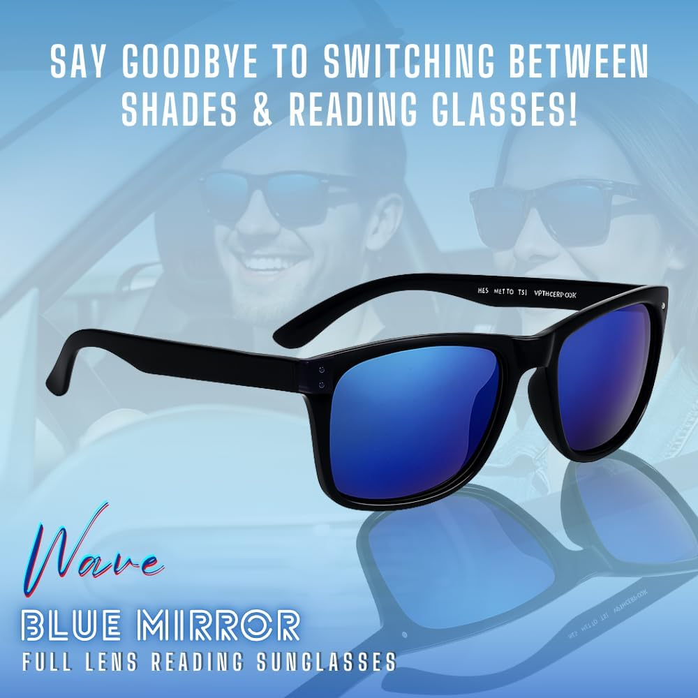 proSPORT Reader Sunglasses Blue Mirror Lenses Full Magnification Outdoor Horn Rim Golf Driving No Bifocal Line +100 to +400