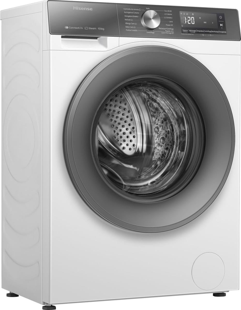 Hisense WD3S9043BW7 - Lavadora secadora (9 + 6 kg, 1400 Rpm, 15 programas automáticos, vapor, motor inverter, clase energética A-30%/D, pantalla LED, gris, WiFi
