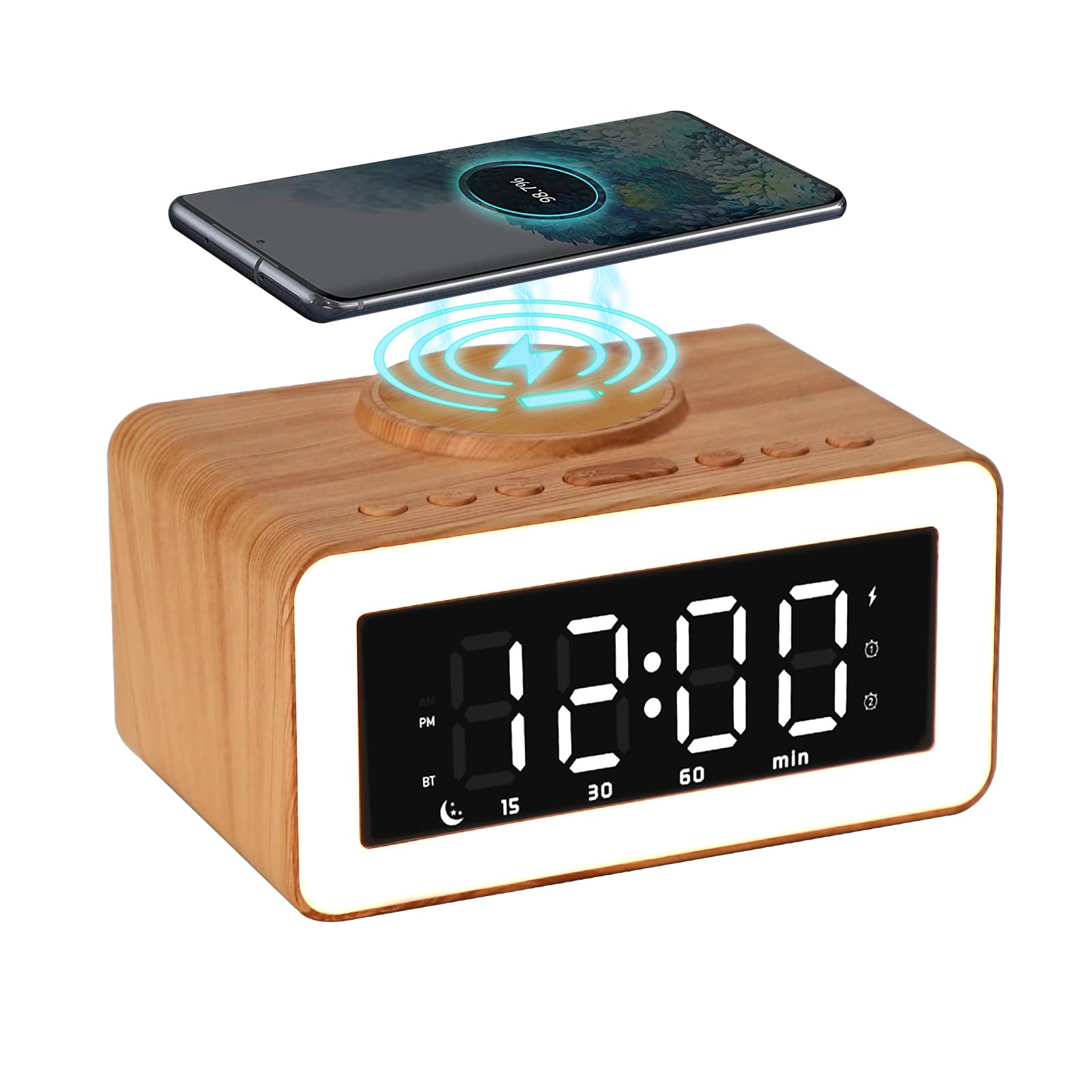 Keweiwo Bluetooth Alarm Clocks with Wireless Charging, 0-100% Dimmer LED Night Light, 2 Alarm Settings, 12/24H, 9 Mins Snooze, Wooden Digital Alarm Clock for Bedrooms, Office, Travel (Wood Grain)