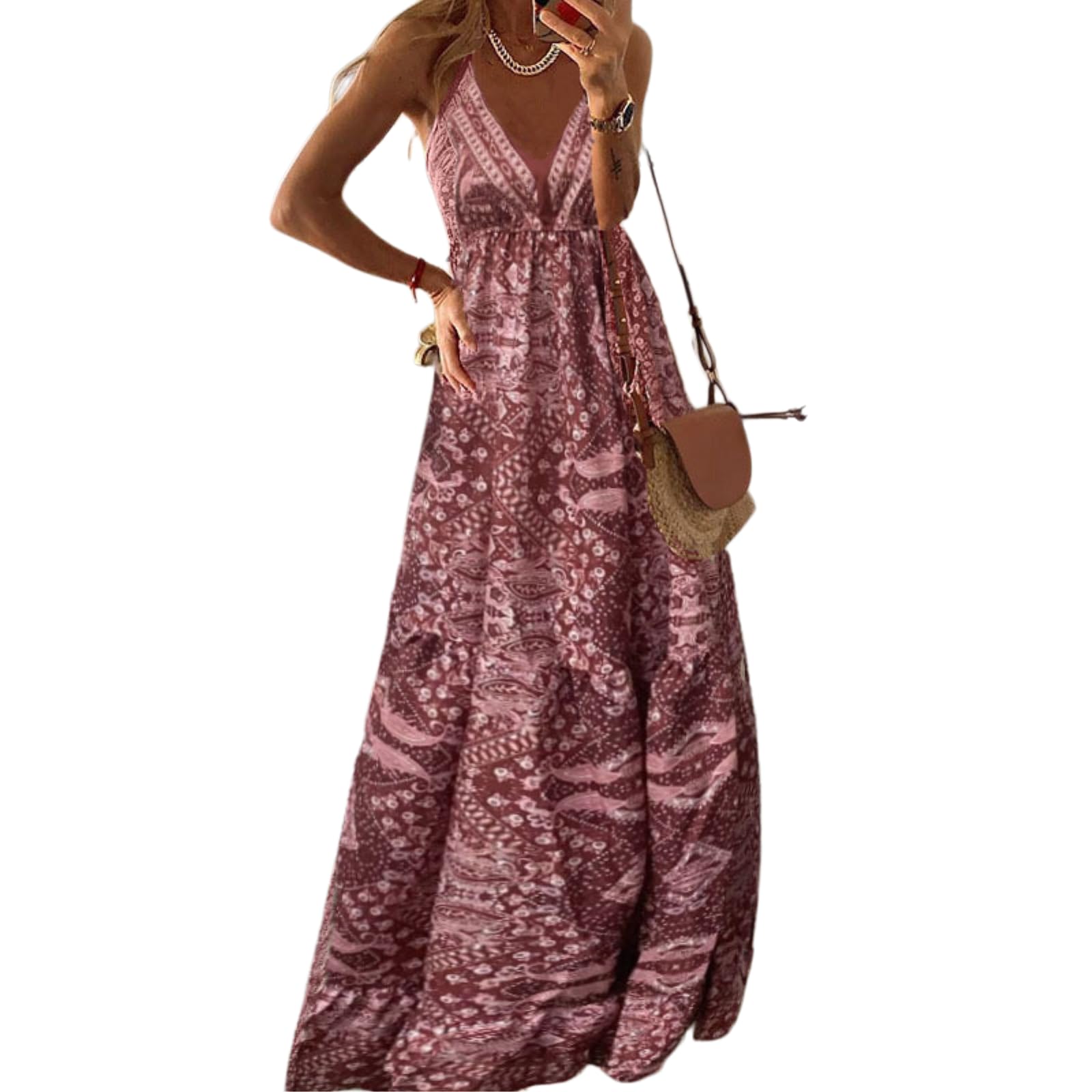 Abito Donna Boho Floral Halter Maxi V Collo A Livelli Lungo Abito, Alta Vita Ruffle Bohemian Abito-Yellow-s