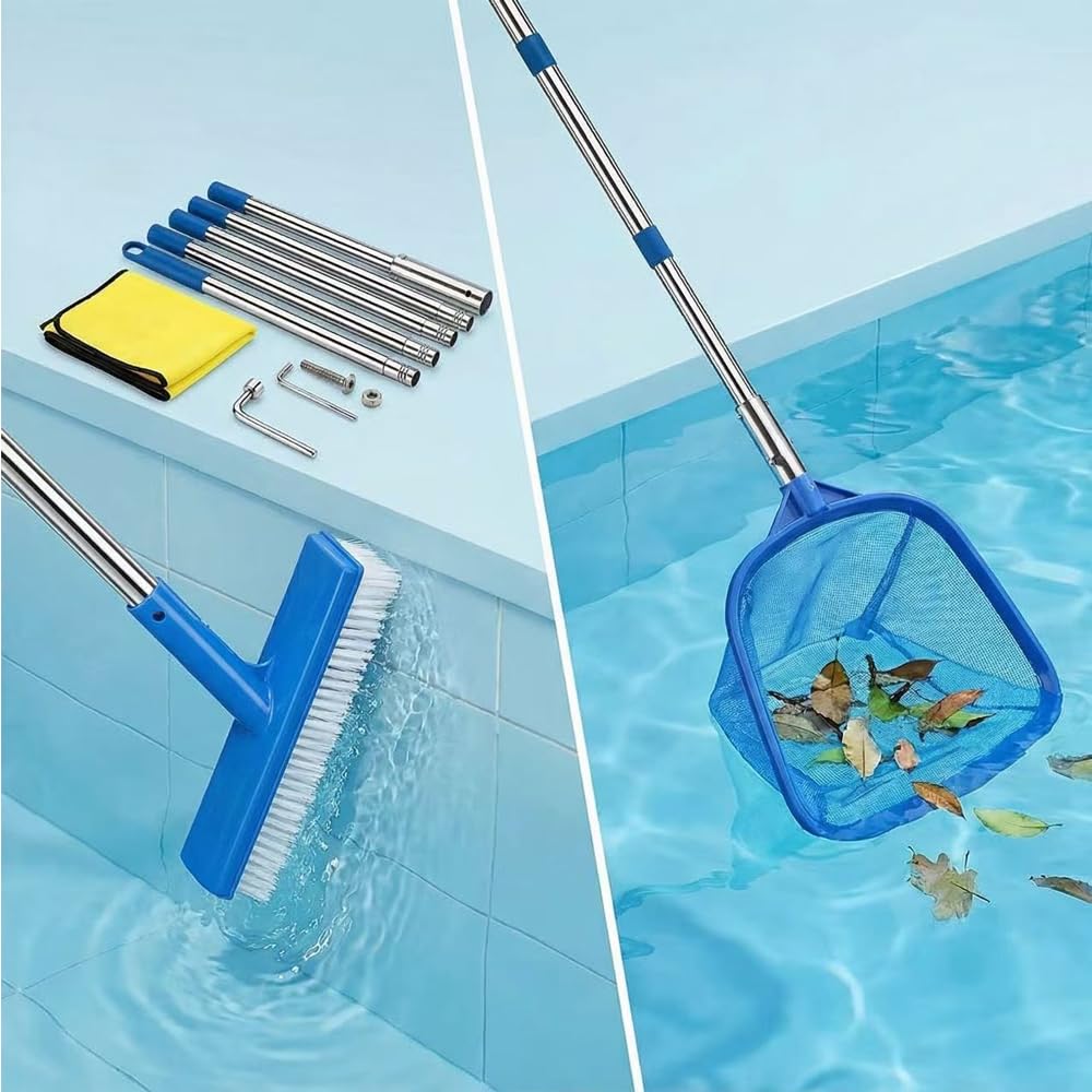 Epuisette Piscine avec Manche Telescopique 225cm, Brosse et Chiffon Nettoyage
