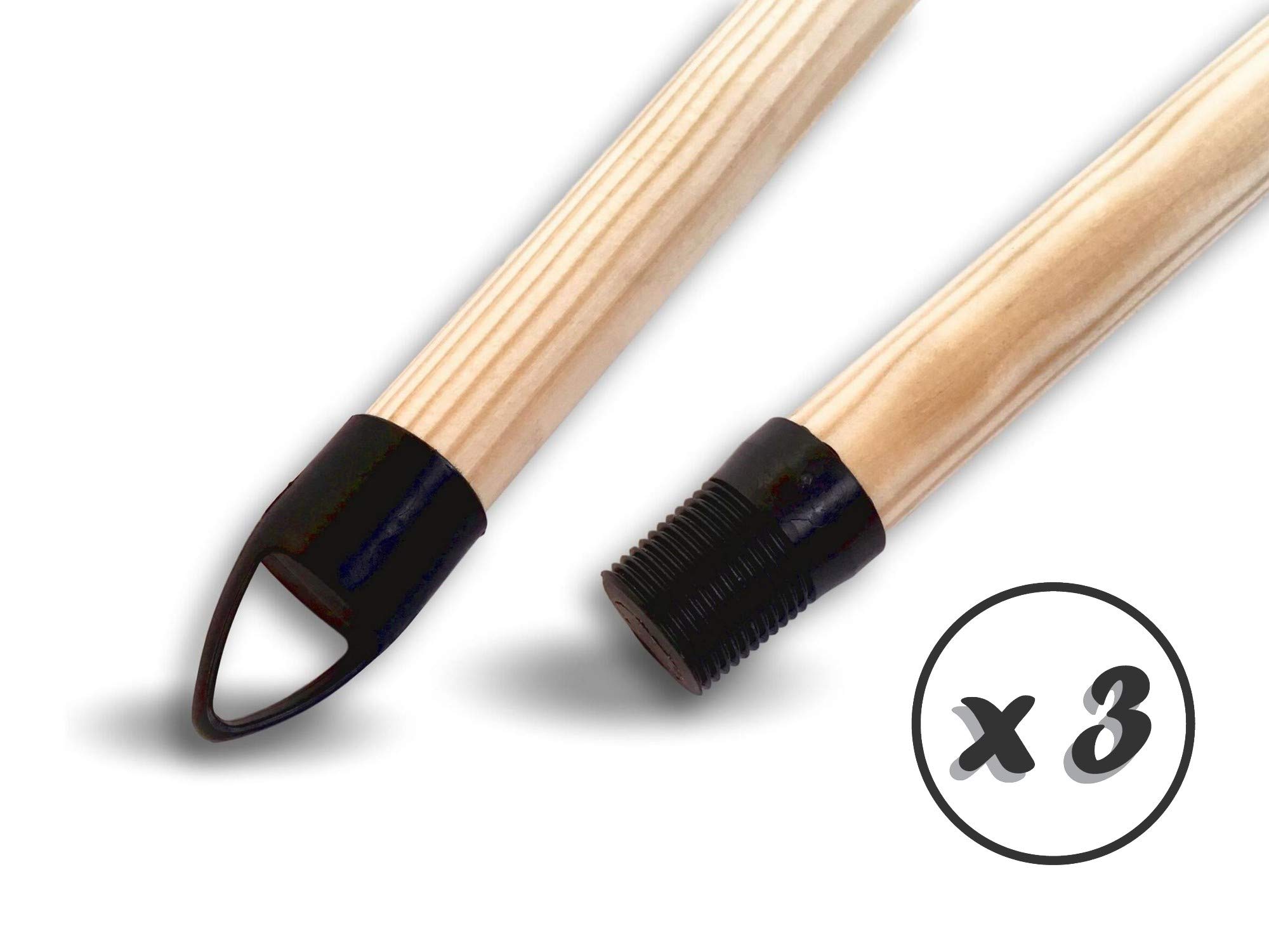 Lot de 3 manches balai bois lisse avec embout à visser et système d'accroche | Pour balais avec douille vissante| Ø 24 mm | Longueur 1,25 mètre | Fabrication Française | Kibros 2960x3