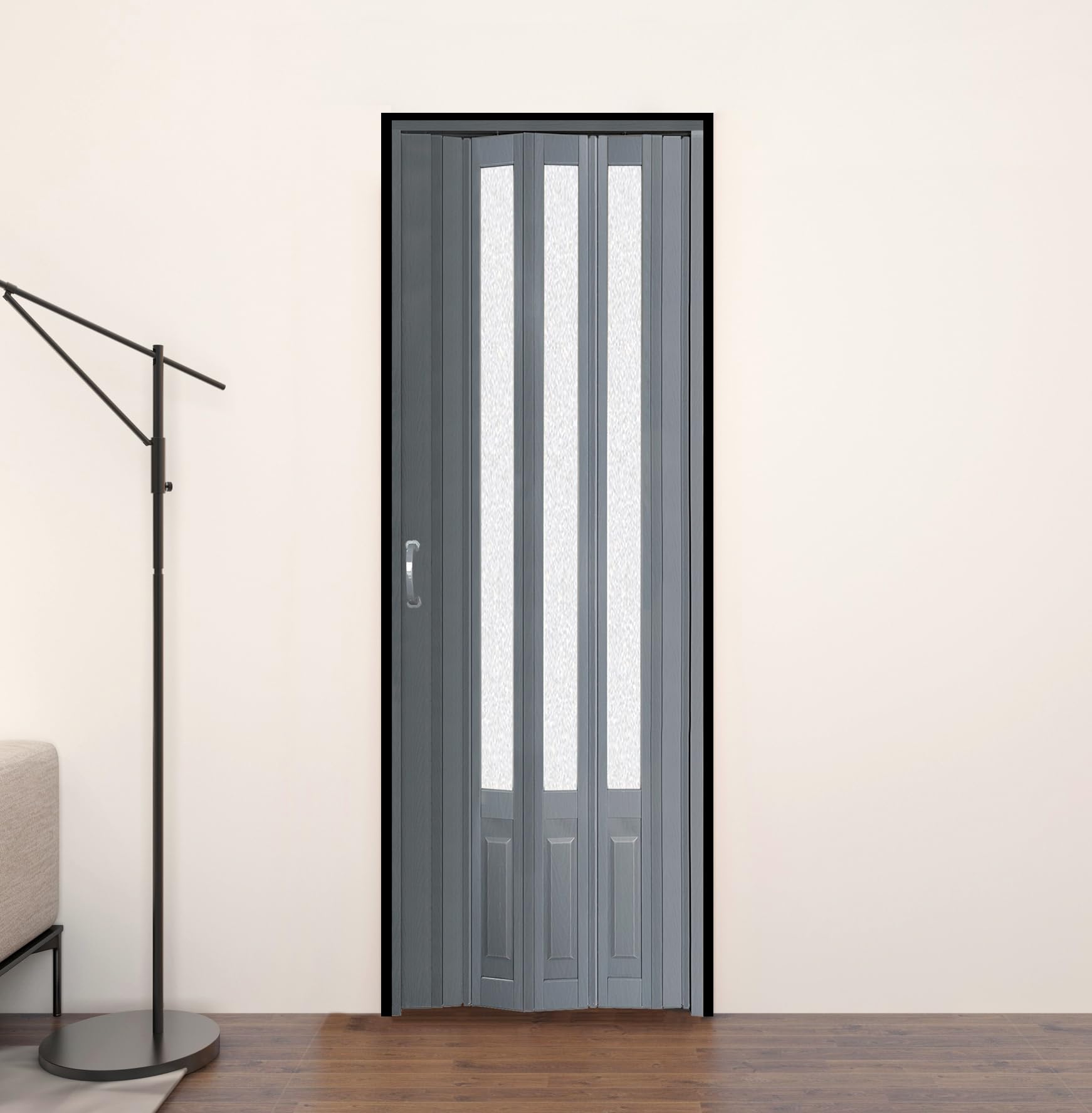 DIYHD 30X80in Accordion Folding Door with Mount Hardware,Grey PVC with Acrylic Glass Multifold Door for Closet
