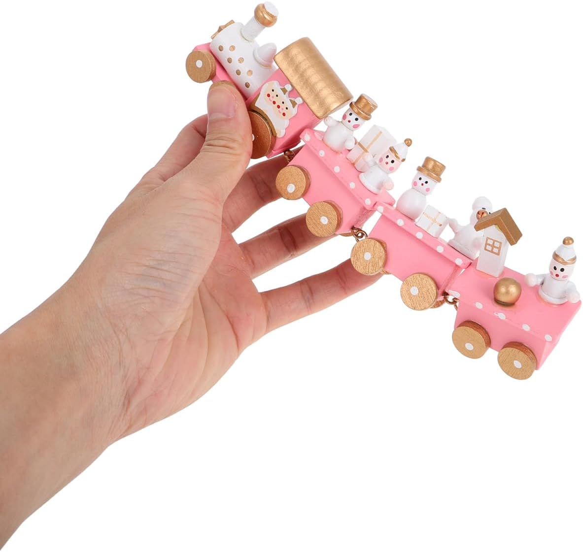 DOITOOL Pink Christmas Train Wooden Mini Train Set for Xmas Tree, Xmas Tabletop Decor, 4 Section Mini Wooden Train, Pink Christmas Decorations, 7.87x2.17x1.22 inch
