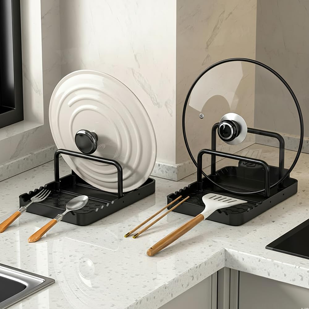 MiOYOOW Soporte para tapa de olla, estante para tabla de cortar con soporte para cucharas, organizador antideslizante para bandeja de horno, utensilios de cocina, barbacoa