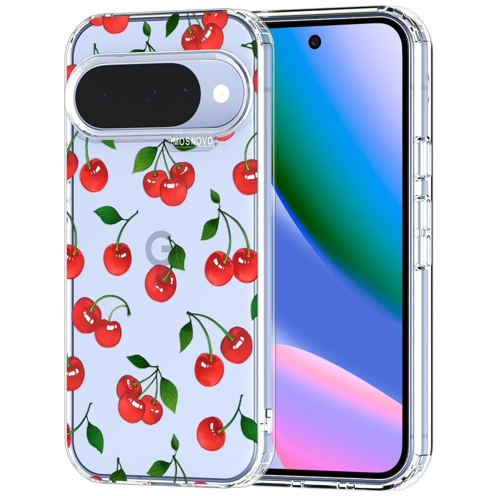 MOSNOVO Case for Google Pixel 10 & Pixel 10 Pro, [Buffertech 6.6ft Military-Grade Drop Protection] [Anti Peel Off Tech] Clear TPU Bumper Phone Case Cover Design - Cute Cherry - 1