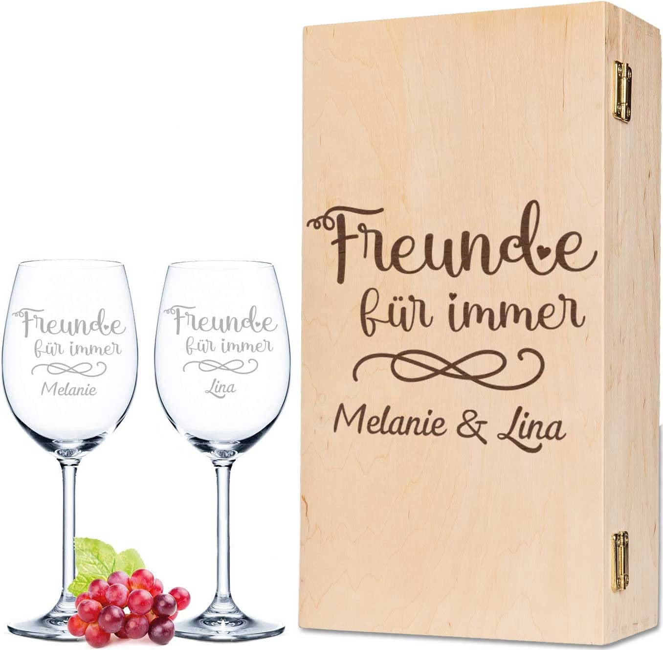 GRAVURZEILE Leonardo Weingläser Geschenkset Freunde für immer mit Namens Gravur inkl. gravierter Vintage Holzkiste - Geschenkset für die beste Freundin - Mädelsabend bei Gutem Wein