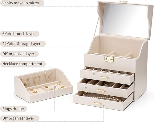 Miniatura 2 de Vlando Caja organizadora de joyas grande de terciopelo, caja de almacenamiento de joyas de 5 capas con espejo y cerradura, bandeja apilable y 3