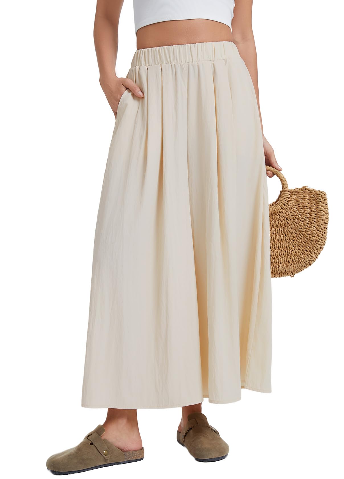 Womens Wide Leg Capri Pants Elastic Waist Palazzo Culottes with Pockets Lightweight Flowy Lounge Trousers