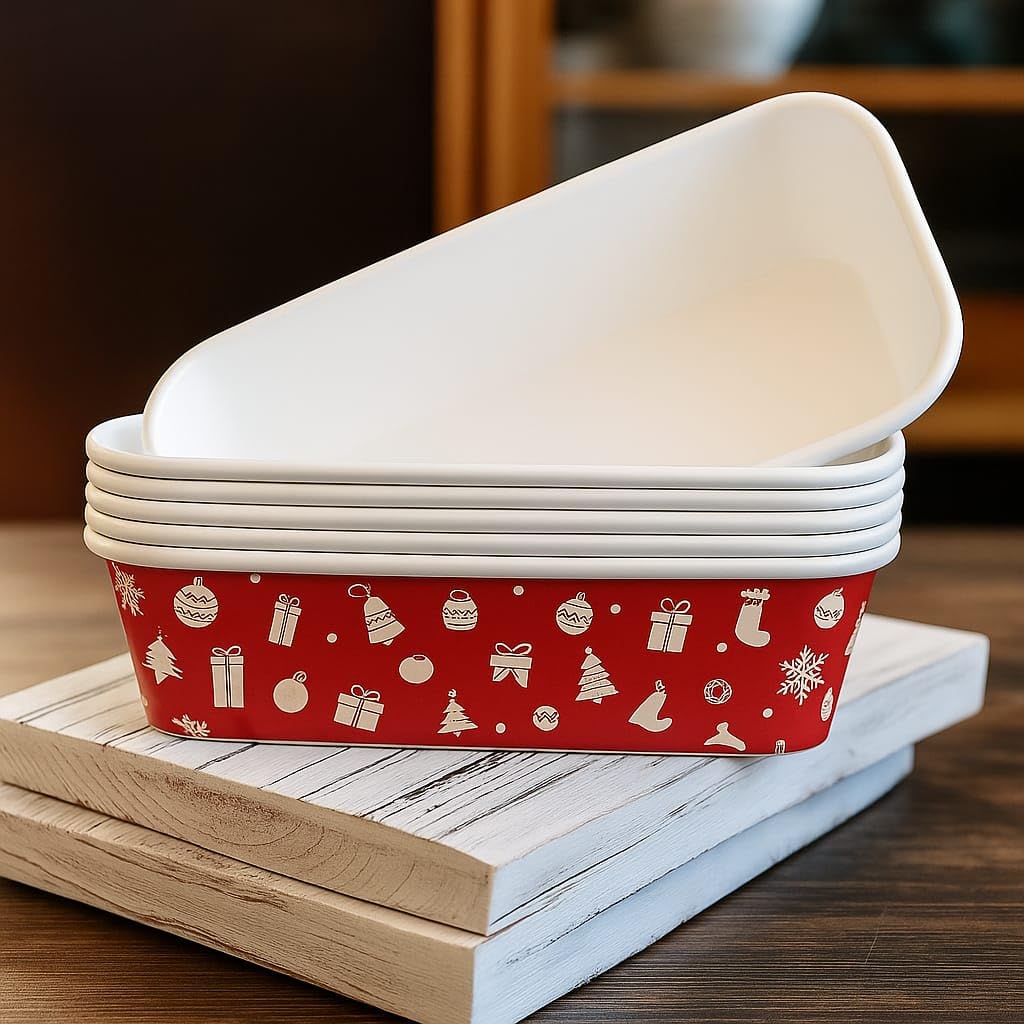 APOLLINE INDIA PET-Laminated Loaf Pans, Disposable Baking Molds, Festive Christmas Design, 7.5x3x2 inch, Oven Safe, Grease Resistant for Bread and Cakes (Mix Colour Pattern & Design, Pack of 20) 4