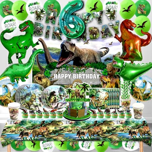 Decoration Anniversaire Dinosaure 6 Ans,146 Pcs Dinosaure Ballon Anniversaire Enfant,Kit Anniversaire Dinosaure Vaisselle avec Serviettes Assiettes...