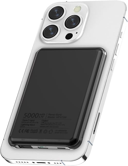 Magnetic Wireless Power Bank 5000mAh, KOOSEED Light & Small Wireless Portable Charger with USB-C Outputs, Magnetic Wireless Battery Pack for iPhone 14/13 / 12 / Pro/Pro Max[970black]