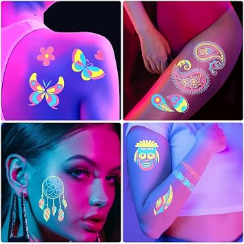 ACWOO Neon Temporary Tattoos, 20PCS 200+ Multiple Designs Glow in the Dark Fake Waterproof Tattoo Stickers Rave Festival Accessories for Women Girls Party Supplies