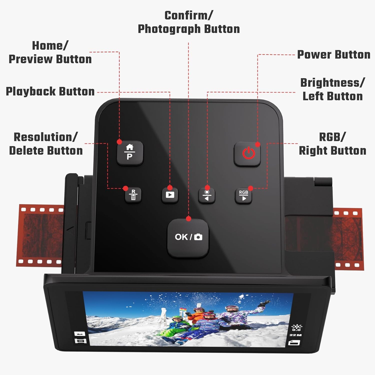 Scanner numérique de film et de diapositives avec grand écran LCD de 5 pouces, scanner de diapositives pour numériser scanner négatif, convertit 135, 126 KPK, 110 négatifs et super 8 films en 22 MP