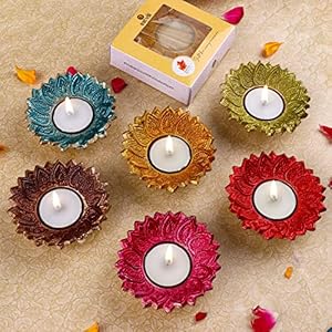 SATVIK 6 Pc Multicolor Chandrarupa Diya Floral Lotus Flower Shape Candle Tea Light Holder Oil Lamp Diwali Indian Indoor Home Mandir Pujan Pooja Office Temple Decor Dia Housewarming Return Gift Items