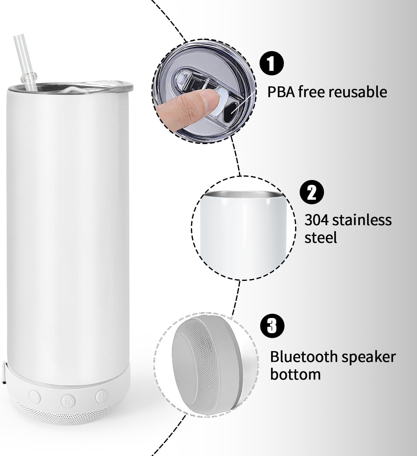 AGH 6 Pack Music Speaker Straw Lid Cup, 20oz Sublimation Skinny Stainless Steel Double Wall, Speaker Tumbler with Detachable LED Light, DIY Gifts (Multicolor) - Image 2