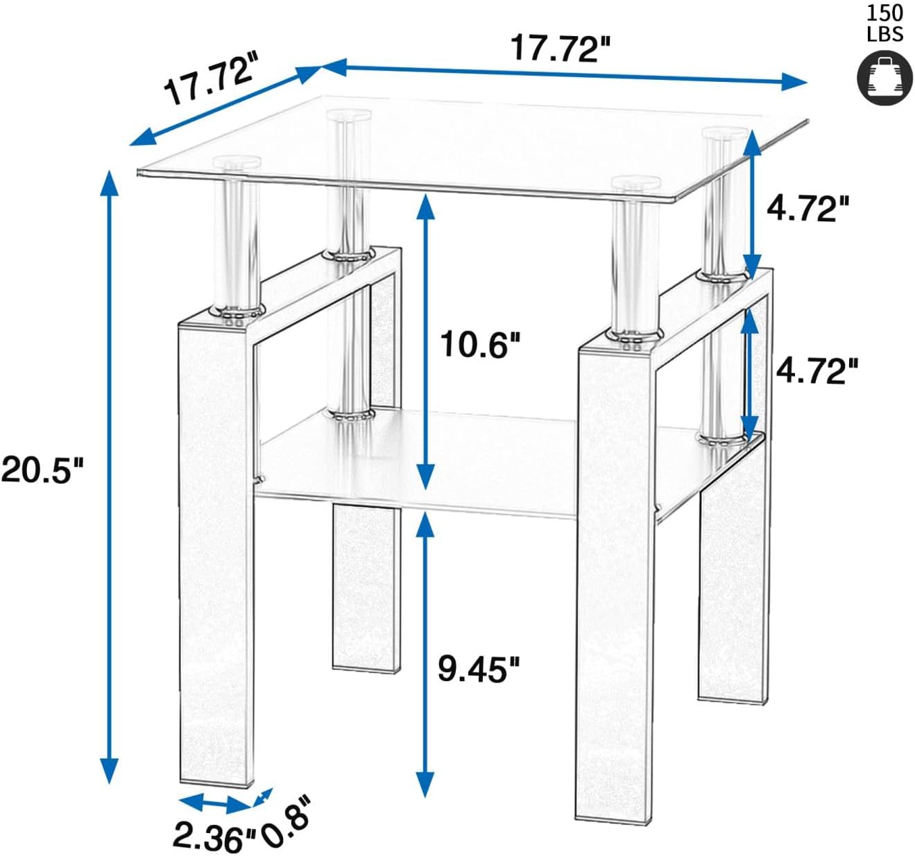 Meihua 2pcs Glass Side Table for Small Space, Square Glass End Table, 2-Tier Modern Nightstand with Metal Legs for Living Room & Bedroom, Black Glass and Black Leg