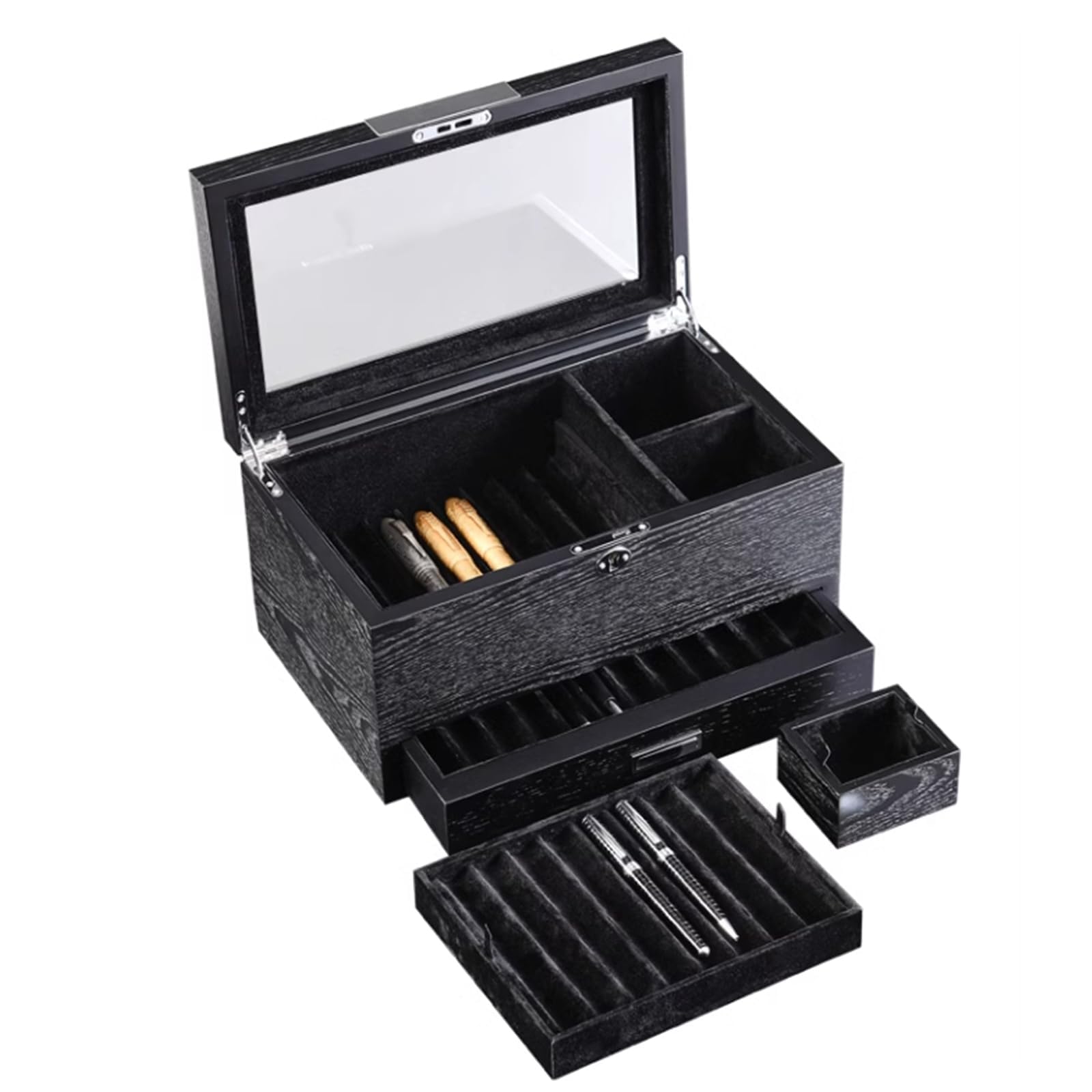 Vitrina de almacenamiento para 28 bolígrafos, caja expositora de bolígrafos de madera de 3 capas, con almacenamiento de botellas de tinta, ventana de vidrio, para almacenamiento de plumas estilográfic