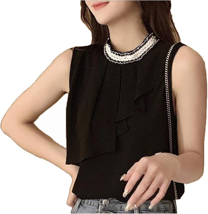 Amazon エンジェルムーン ノースリーブブラウス シフォン フリル ラウンドネック モノトーン ビジュー 婦人 エレガント クラシカル クラシック シャツ レディース 夏 夏休み リゾート 海 海水浴 プール 行楽 キャンプ 旅行 帰省 M ブラック シャツ ブラウス 通販