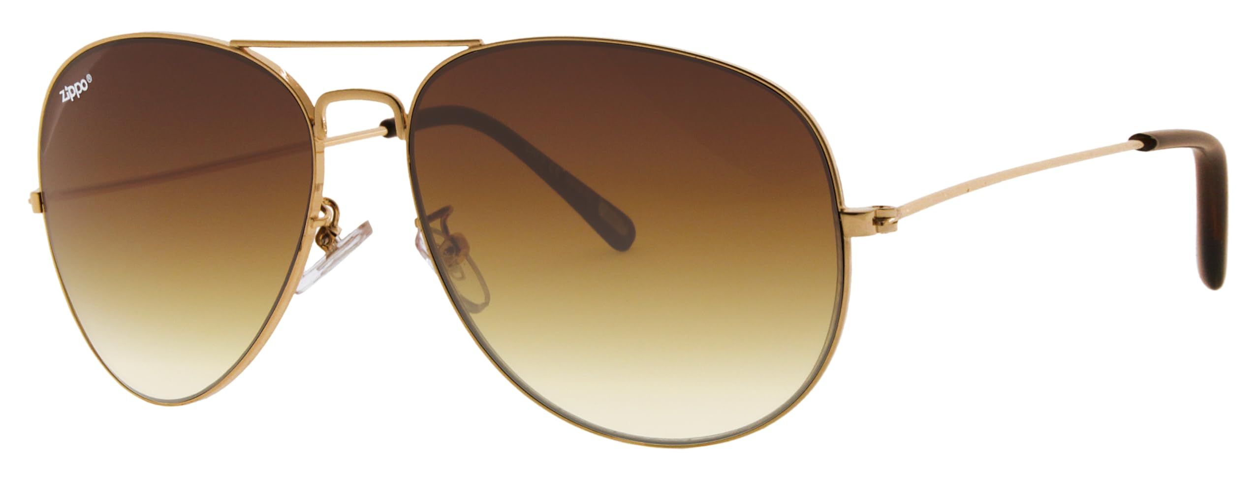 Zippo Eyewear - Flash Pilot Sunglasses - UV400 Protection - Logo on Left Lense - Adult, Unisex - Made in USA - Gradient Mirror Brown Lenses, Brown Temple - Gold