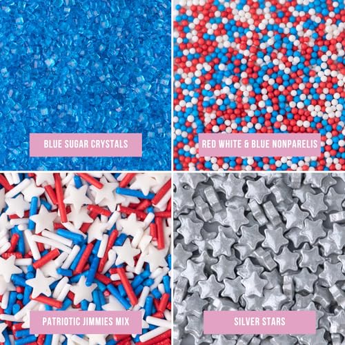 Image of Sweets Indeed 4th of July Sprinkles 4-Pack Set - Patriotic Stars, Sanding Sugar, Nonpareils and Jimmies Mix for Baking & Decorating Cupcakes, Cookies, Cakes & Desserts - 12.25 ounces