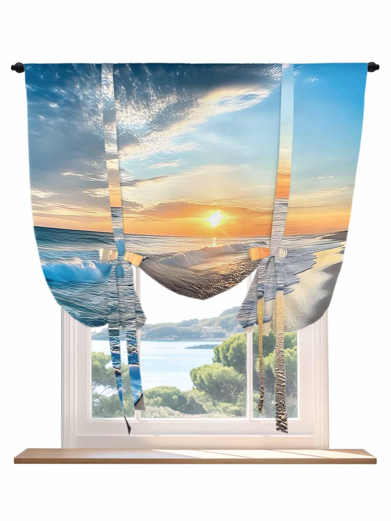 Tie Up Curtains for Windows Sunset Beach Roman Shade 52 x 45 Inch Bathroom Curtain Window Spray Ocean Waves Sky Nature Scenery Rod Pocket Short Balloon Curtains for Living Room Kitchen Small Blinds