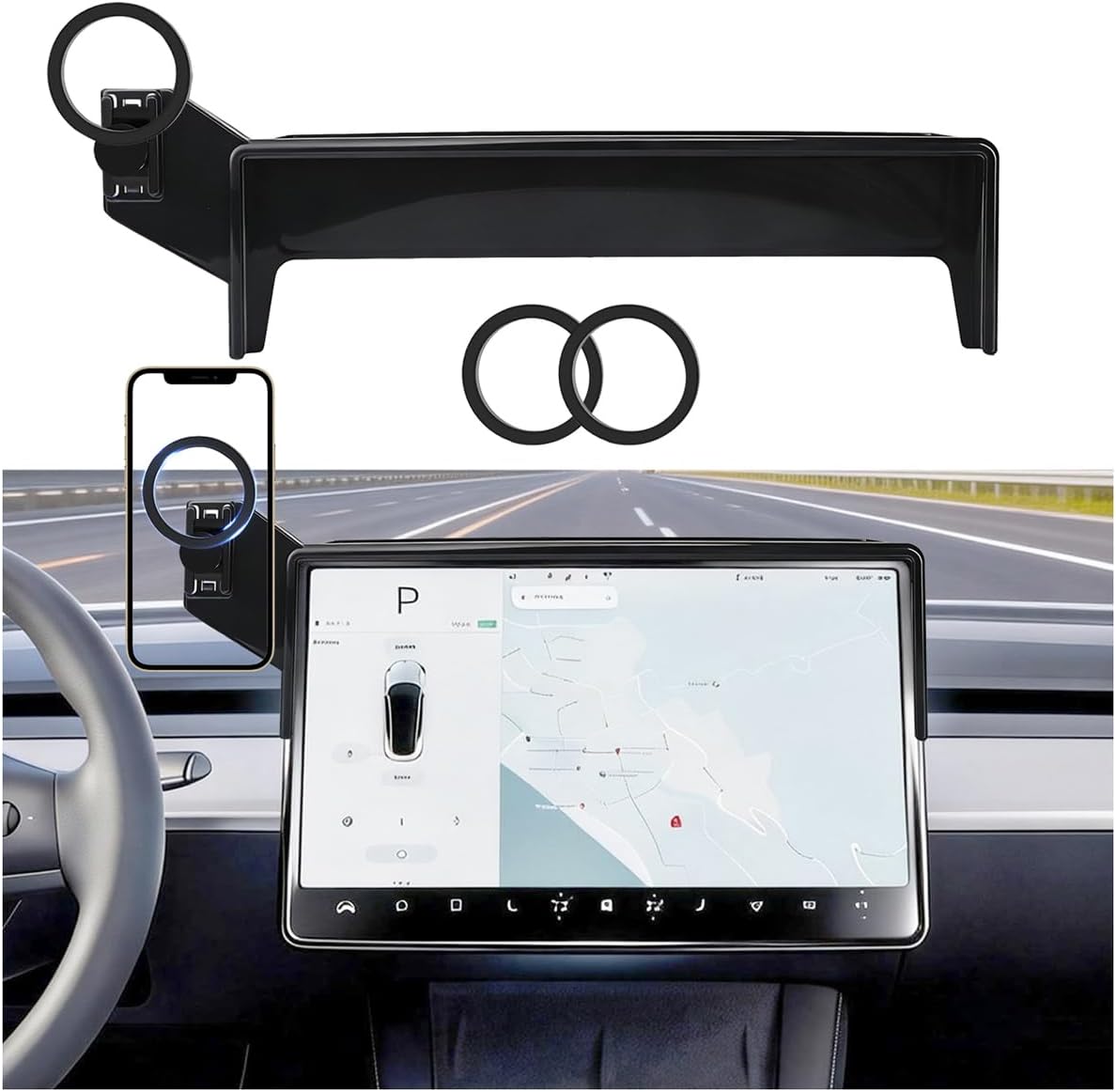 Car Phone Holder for Tesla Model Y 2020 2021 2022 2023 2024 2025 & Model 3 2017 2018 2019 2020-2023, Compatible MagSafe, 360° Rotation, Super Strong Magnetic Attraction(for 15 inch Screen only)