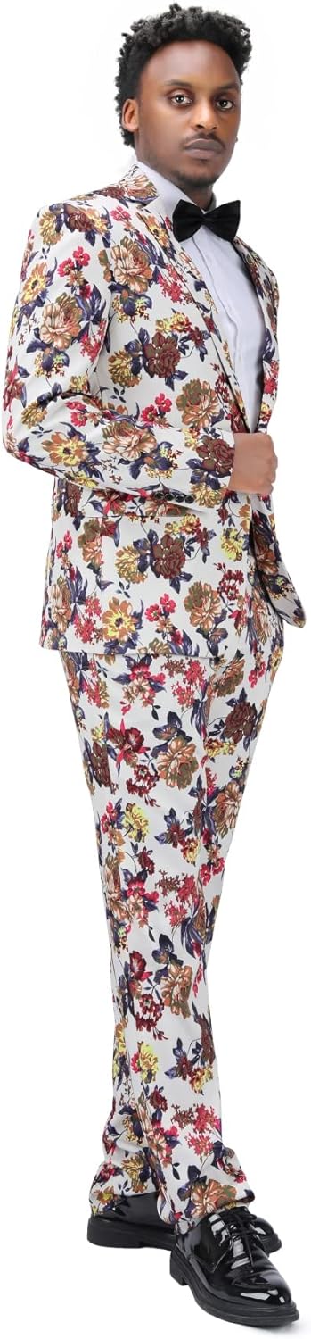 Cloudstyle Mens 2 Piece Suit Notched Lapel Sport Coat Floral One Button Slim Fit Tweed Suit - Image 2