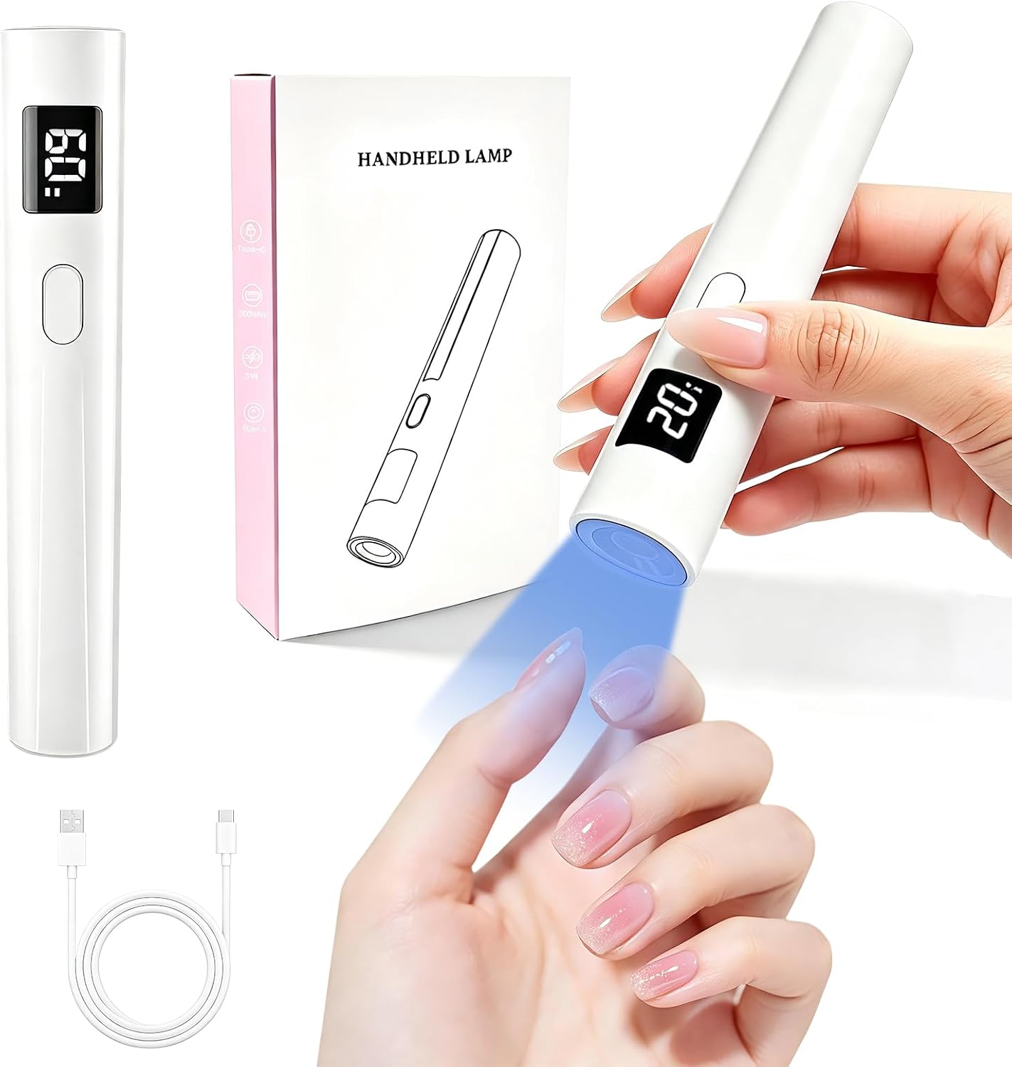 UV Nail Lamp Handheld, Flash Cure Nail Light for Gel Nail Polish LED Single Finger Nail Light Cordless, Rechargeable, Mini & Portable, White