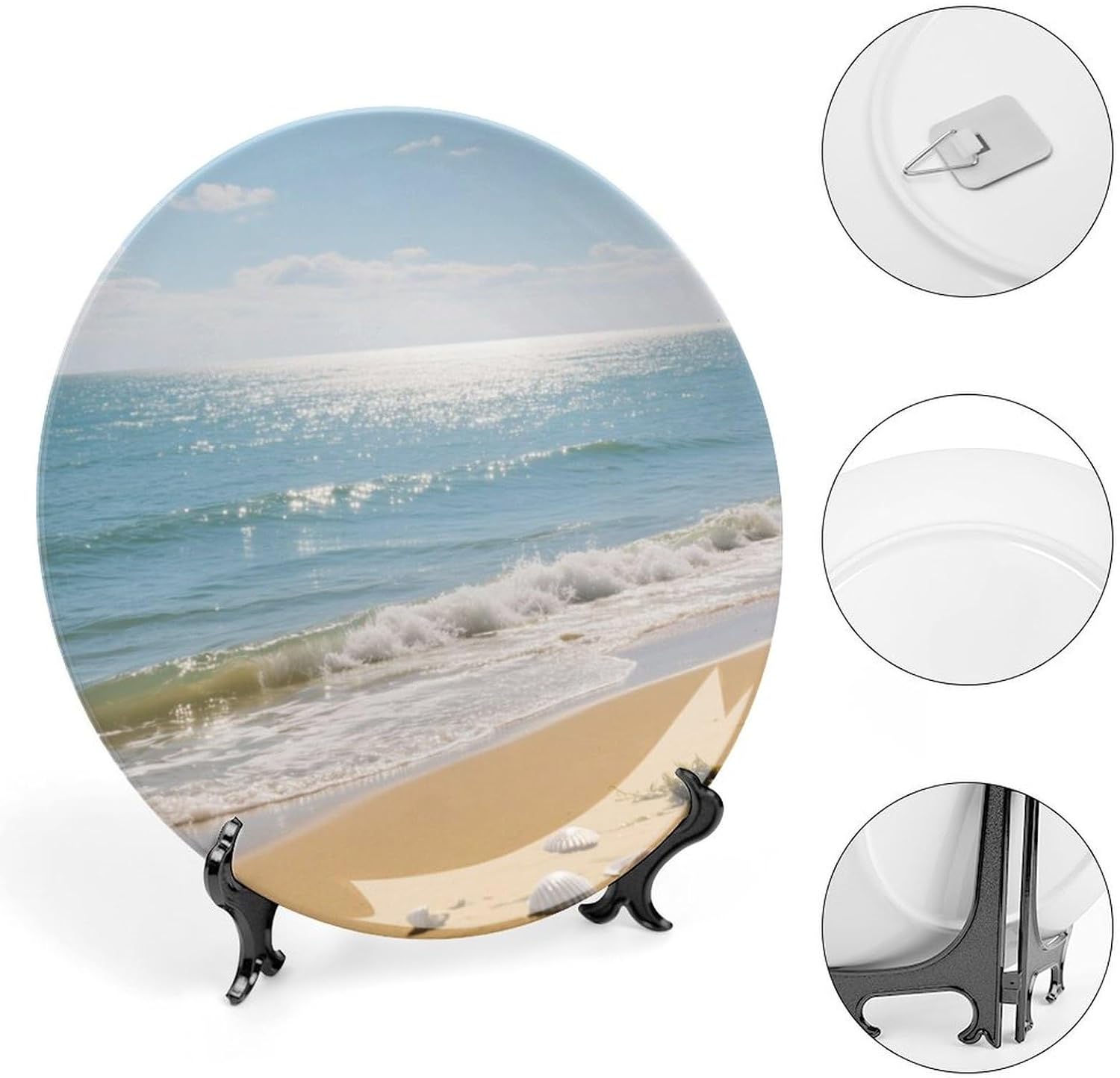 Bone China Decorative Plates Shells Beach Waves Ceramic Decorative Plate Wall Decor with Display Stand Ceramic Ornaments for Wall Hanging Decoration