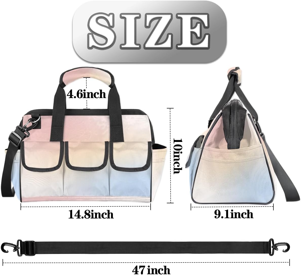 Tool Bag with Multi-Pockets Soft Handle Adjustable Shoulder Strap Cute Pink Background Portable Sturdy Waterproof Durable Wide Mouth Tote for Instrument Mechanic Carpenter