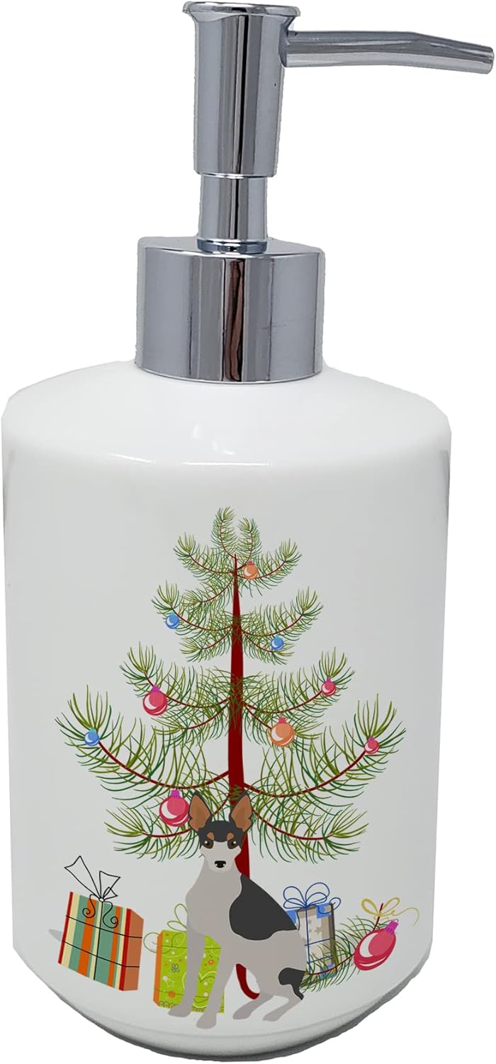 Caroline's Treasures CK3502SOAP Miniature Fox Terrier #2 Christmas Tree Ceramic Soap Dispenser Hand Soap Dispenser Pump Bottles for Bathroom Kitchen, Empty Refillable Liquid Soap Container