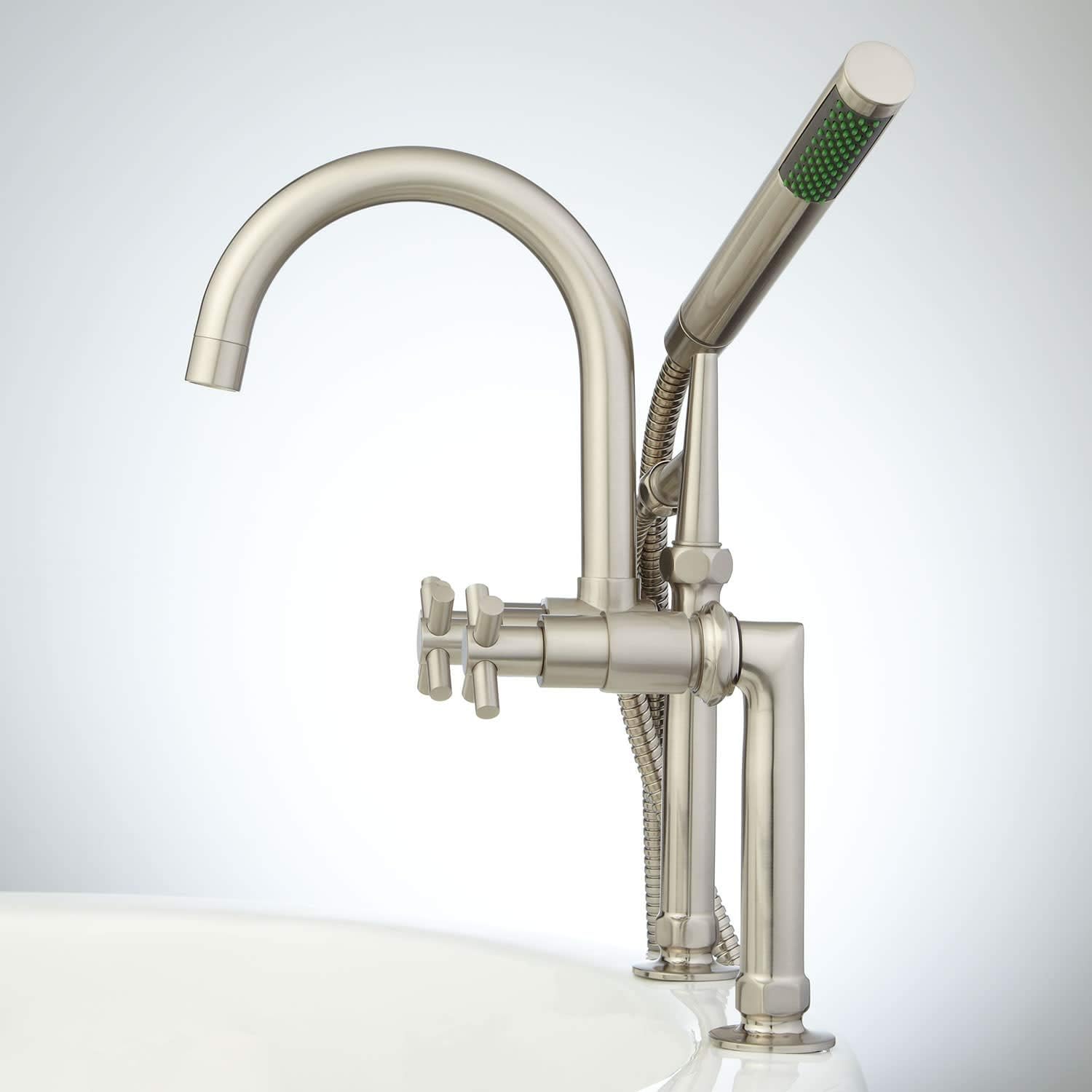 Signature Hardware 421680 Sebastian Deck Mounted Tub Filler Faucet with 4" Deck Couplers and Metal Cross Handles- Includes Hand Shower - Chrome