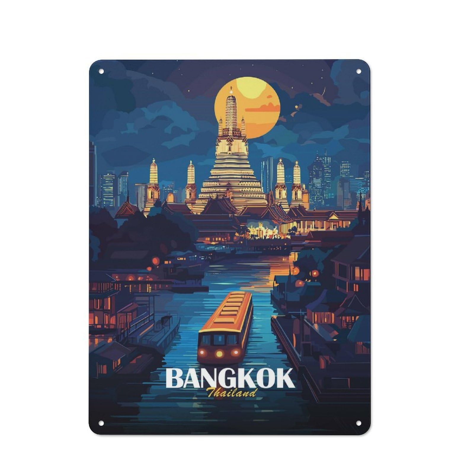 Bangkok Thailand Cityscape at Night Metal Wall Sign 40x30cm, Rustic Classic Pub Decor for Cafe, Pub, Workshop Or Home Bar