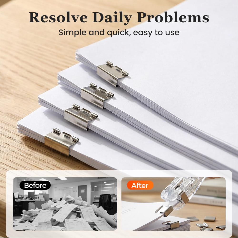 Grapadora portátil de clip para carpeta, incluye 50/100 clips reutilizables, dispensador de clips de papel de mano de tamaño grande, grapadora de escritorio reutilizable con dispensador (azul-2