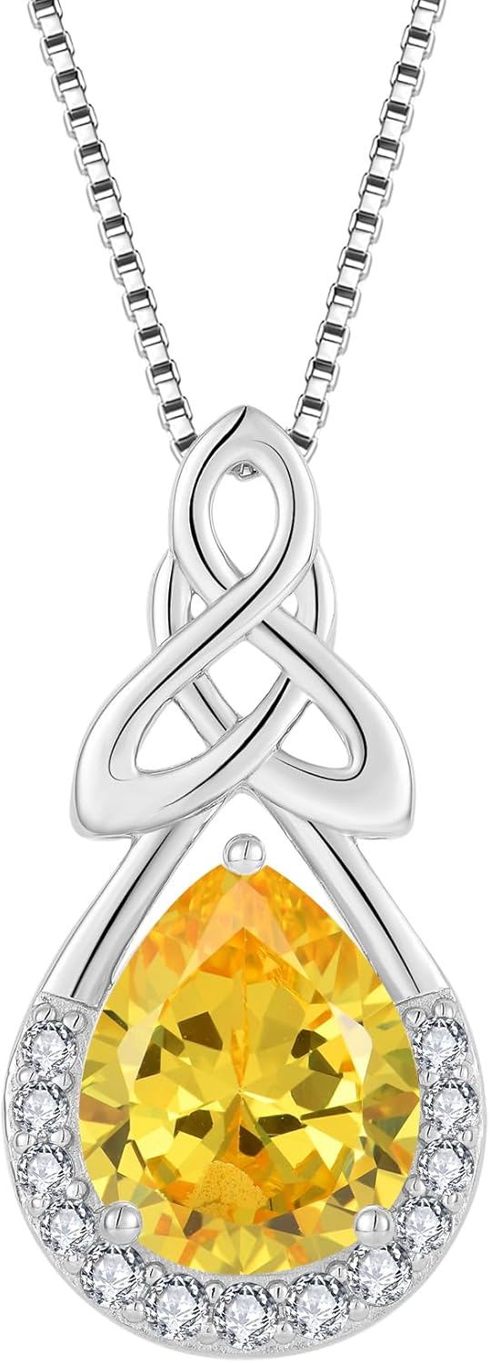 FJ Celtic Knot Necklace 925 Sterling Silver Infinity Teardrop Birthstone Pendant Irish Good Luck Jewelry for Women