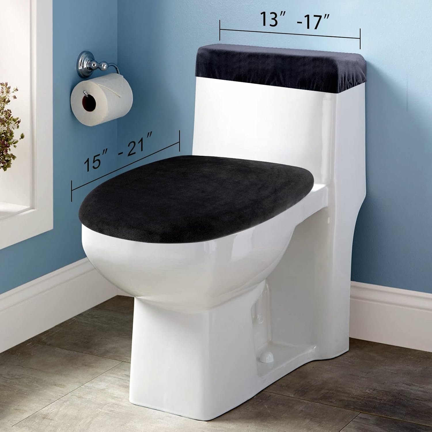 Stretch Velvet Toilet Lid Cover and Toilet Tank Lid Cover, Bathroom Super Soft Toilet Lid Cover Set Luxury Velvet Plush, with Elastic Bottom, Machine Wash, Black : Home & Kitchen