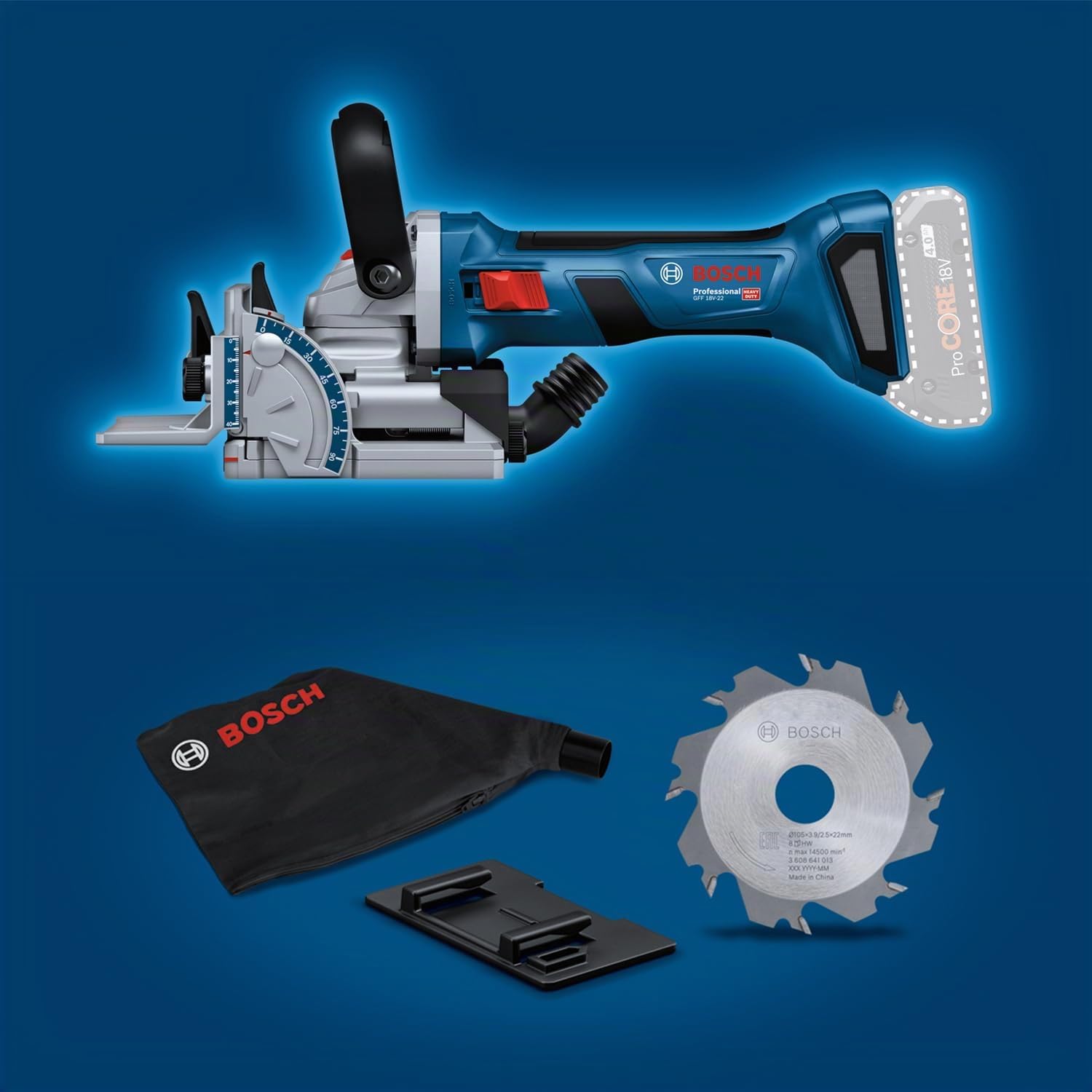 Bosch Professional 18V System Fraiseuse à lamelles portative GFF 18V-22 (fraise latérale Ø 105 mm, sac à poussières, plaque de branchement, clé à ergots, calage, L-BOXX, sans batterie/chargeur)