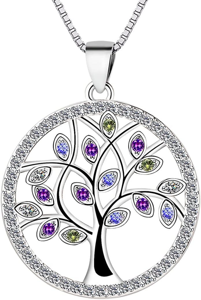 Yaneno Tree of Life Necklace 925 Sterling Silver Family Tree Crystal Zirconia CZ Pendant for Women