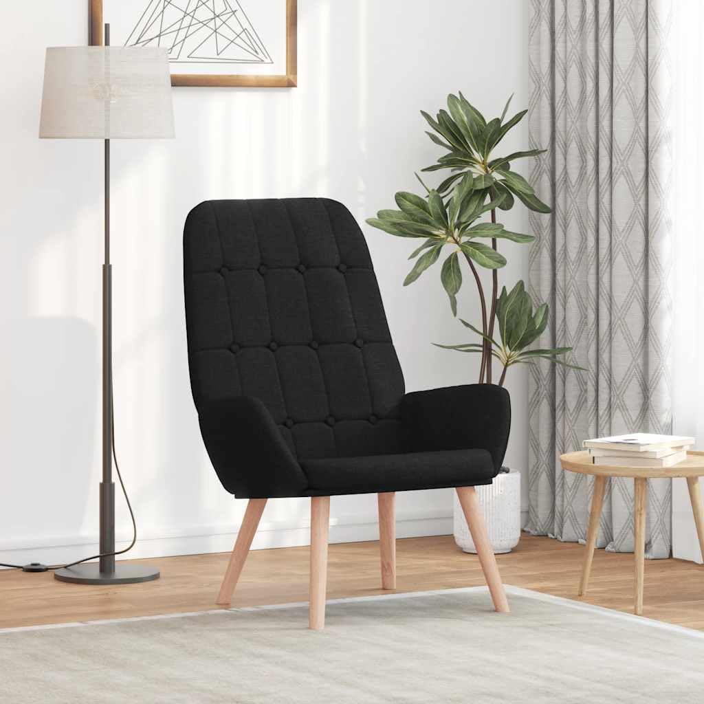 Sillón de relax de tela negra, sillón de salón con patas de madera, silla acolchada para salón o dormitorio, 70 x 77 x 94 cm, capacidad de carga máxima de 110 kg, cómodo sillón orejero