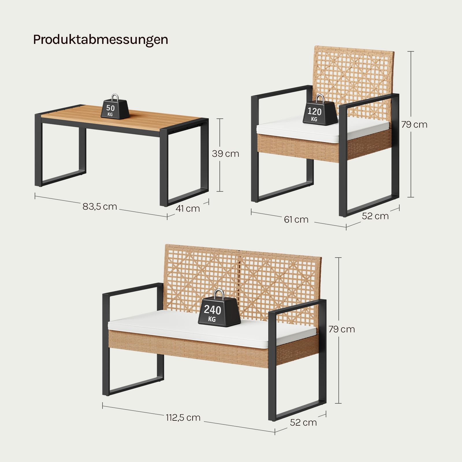 WOLTU Rattan Gartenmöbel 4-teilig mit 1 Sitzer Sofa 2 Sessel 1 Couchtisch und Kissen Lounge Möbel Outdoor Balkonmöbel Kleiner Balkon Sitzgruppe Gartencouch Terrassenmöbel Set für Garten Terrassen