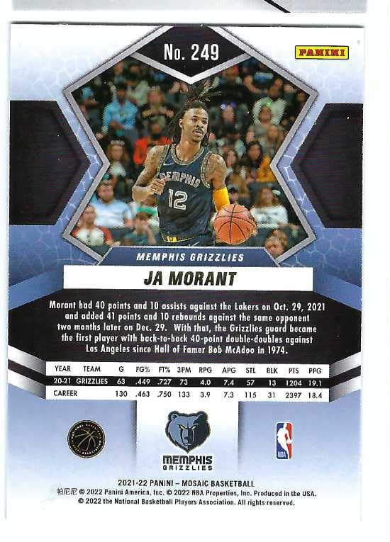 Amazon.com: JA MORANT 2021-22 Panini Mosaic National Pride #249