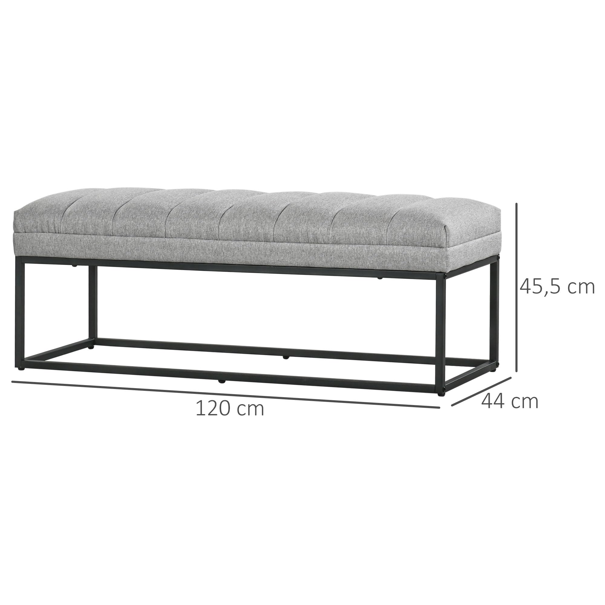 HOMCOM Banc Banquette Moderne Bout de lit rembourré en Tissu Aspect Lin et Structure en Acier Noir, idéal pour entrée, Salon, Chambre, Charge 200 Kg, 120 x 44 x 45,5 cm, Gris