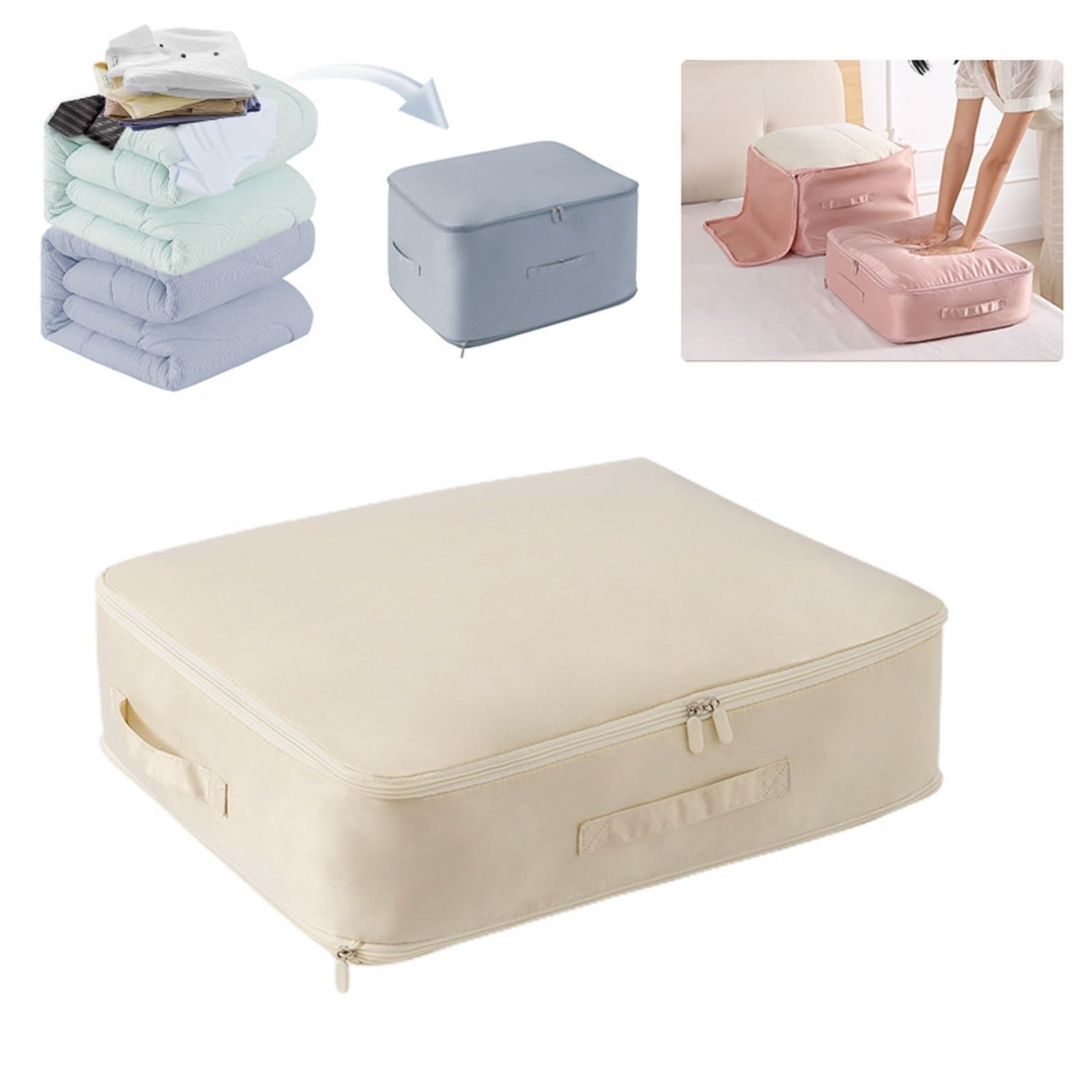 papasgix Clothes Duvet Storage Bag with Zips Ultra Space Saving Self Compression Organizer Expandable Compression Packing Cubes Heavy Duty Waterproof Storage Bags for Bedding(Almond,L52x42x30CM)